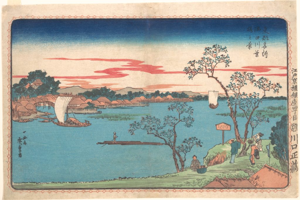 「東都名所　隅田川葉桜之景」（歌川広重（川口政蔵、1831）メトロポリタン美術館）の画像。